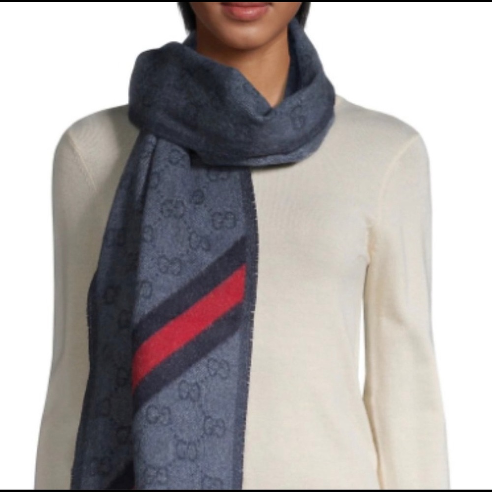 GUCCI GG Monogram Wool Blend Logo Scarf (Blue) NEW